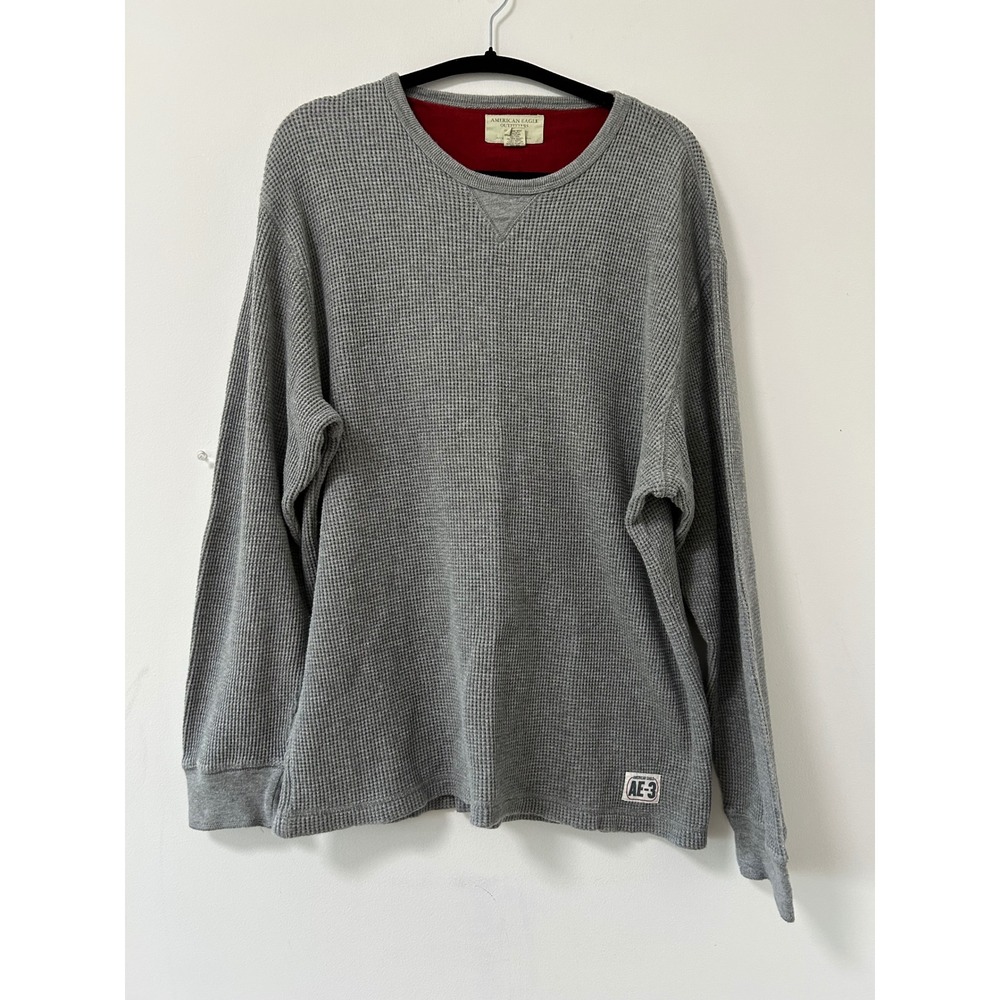 Y2K American Eagle Waffle Knit Thermal Shirt Men Large Grey Gorpcore Long Sleeve